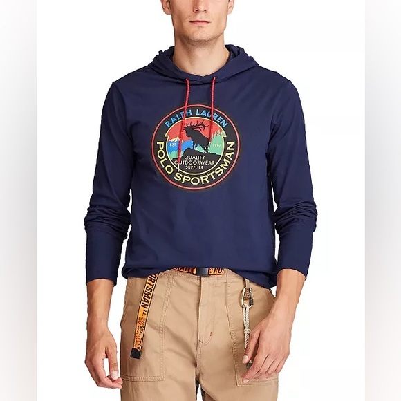 NWT POLO Ralph Lauren Sportsman Graphic Print Long Sleeve Shirt Hoodie Navy Sz S - Picture 1 of 8